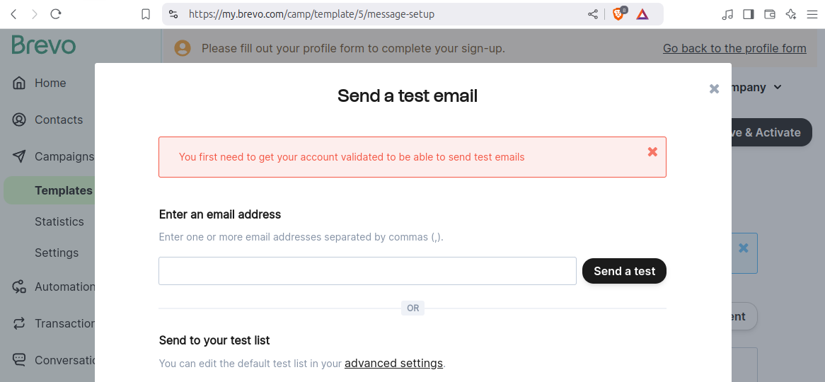 Brevo account not yet activated